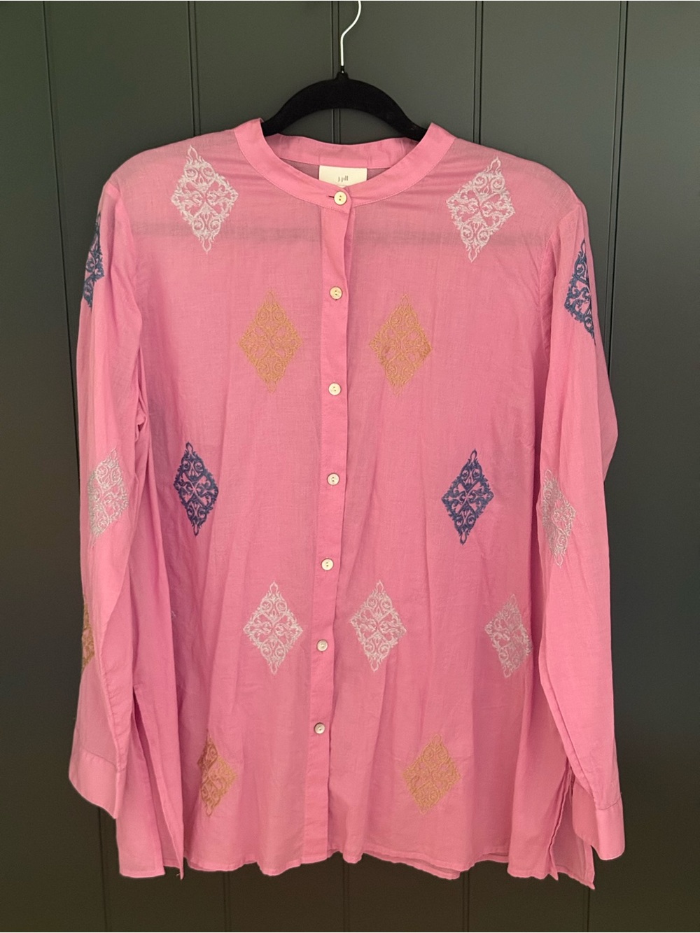 💠 J. Jill Women’s Camellia Pink Embroidered Tunic  - Size L - 100% Cotton